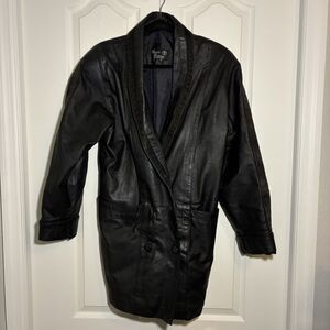 Marco Morani Mens Black Genuine Leather Trench Coat Double Breasted Jacket Small
